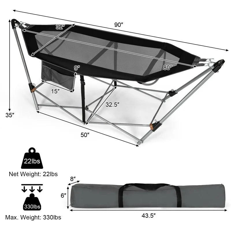 Portable Folding Hammock with Stand Breathable Pocket Anti-Tip 150kg Capacity Outdoor Camping Hammock with Carry Bag Easy Setup