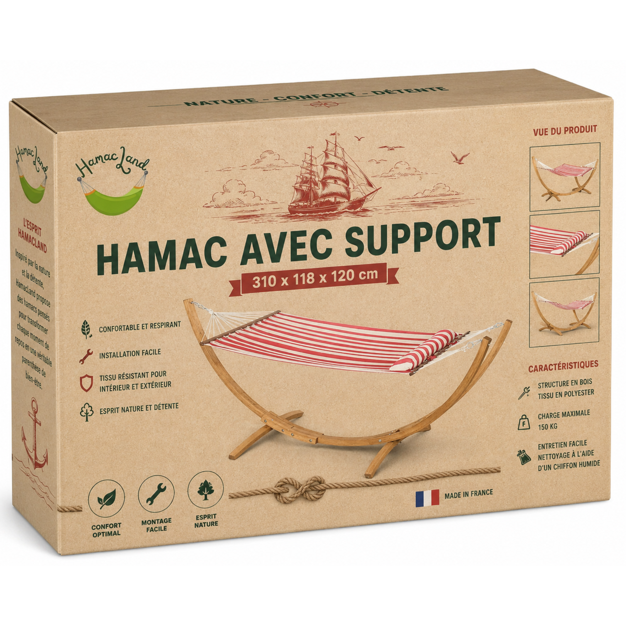 Hamac Rouge Le navire - En coton et support en bois