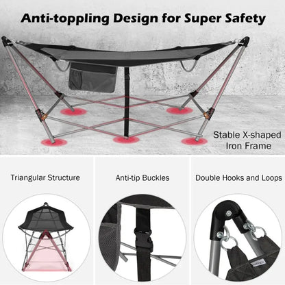 Portable Folding Hammock with Stand Breathable Pocket Anti-Tip 150kg Capacity Outdoor Camping Hammock with Carry Bag Easy Setup