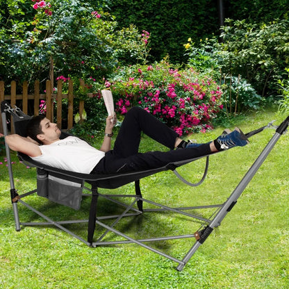 Portable Folding Hammock with Stand Breathable Pocket Anti-Tip 150kg Capacity Outdoor Camping Hammock with Carry Bag Easy Setup
