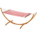 Hamac sur pied  a rayure rouge et blanc avec support en bois robuste