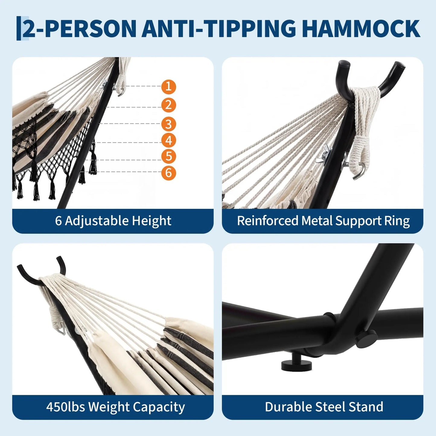 Portable Double Hammock with Stand, MAX 450 LBS Capacity, 2 Person Large Hammock with Lace for Outdoor Patio Backyard Poolside