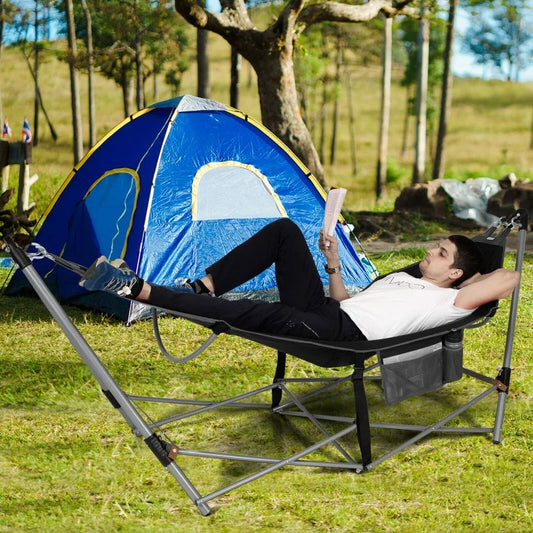 Portable Folding Hammock with Stand Breathable Pocket Anti-Tip 150kg Capacity Outdoor Camping Hammock with Carry Bag Easy Setup