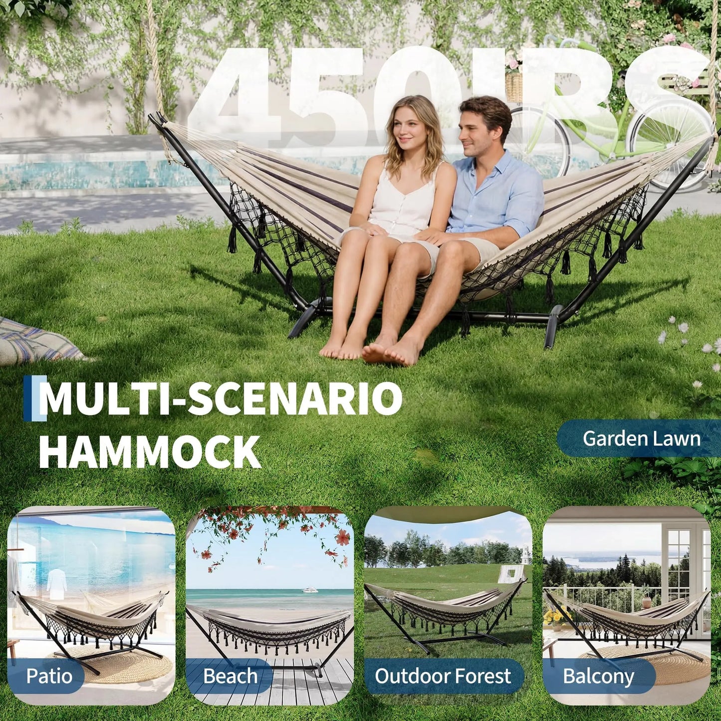 Portable Double Hammock with Stand, MAX 450 LBS Capacity, 2 Person Large Hammock with Lace for Outdoor Patio Backyard Poolside