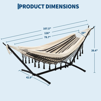 Portable Double Hammock with Stand, MAX 450 LBS Capacity, 2 Person Large Hammock with Lace for Outdoor Patio Backyard Poolside