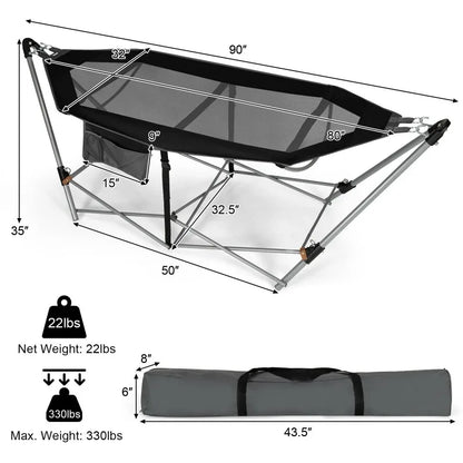 Portable Folding Hammock with Stand Breathable Pocket Anti-Tip 150kg Capacity Outdoor Camping Hammock with Carry Bag Easy Setup