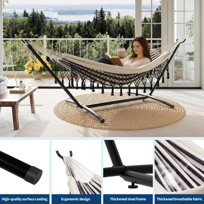 Portable Double Hammock with Stand, MAX 450 LBS Capacity, 2 Person Large Hammock with Lace for Outdoor Patio Backyard Poolside